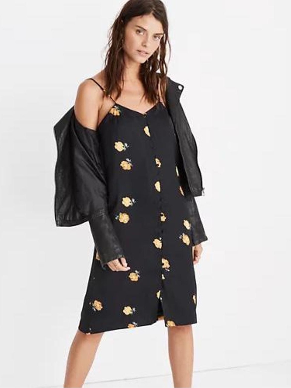 Madewell button down front slip dress black with yellow floral print midi dress